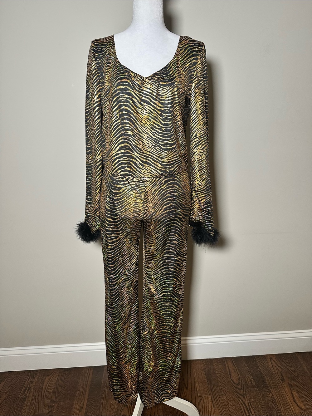 80’s Gold and Black Metallic Zebra Set with Feather Cuffs